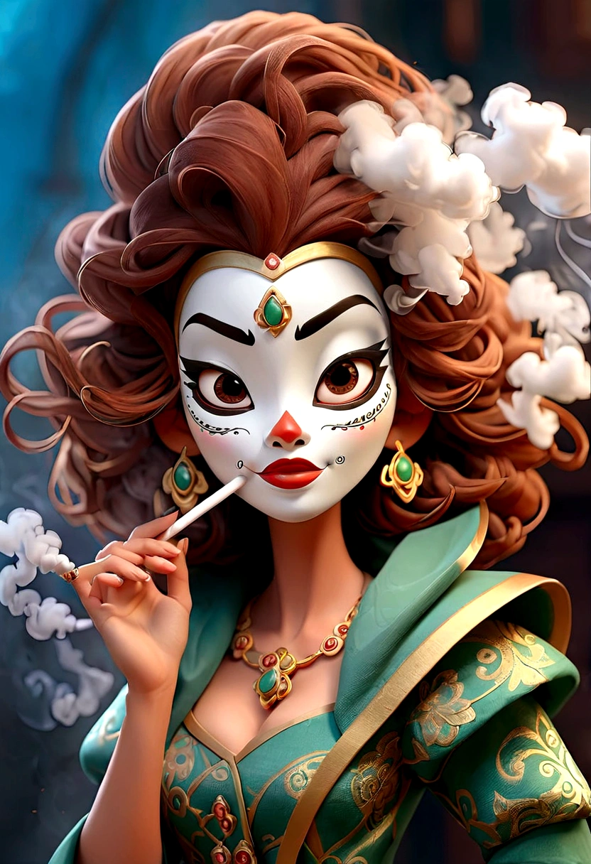 Woman in mask blowing smoke