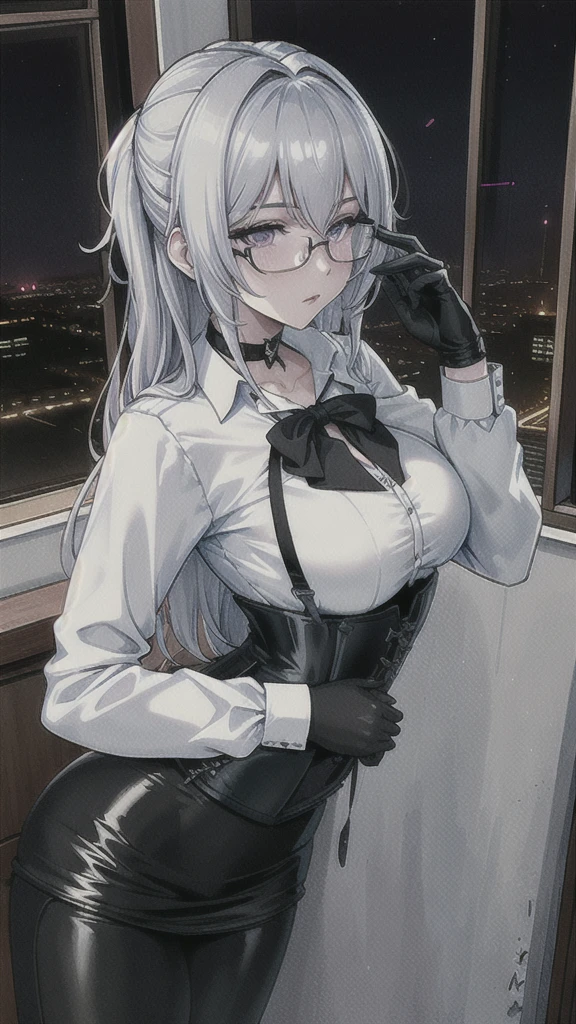 Masterpiece, Beautiful art, professional artist, 8k, art style by sciamano240, rostro de Bronya Zaychik, detailed body, Very detailed face, very detailed eyes, Detailed clothing, detailed fabric, Best Quality, better resolution, 1 girl, front view, standing, big breasts, serious expression, at night , silver hair, glasses, choker:1.6, (long sleeve white collar buttoned shirt), (shiny black corset), black gloves covering your hands,  (shiny black leggings), looking at the viewer, elegant dining room, at night