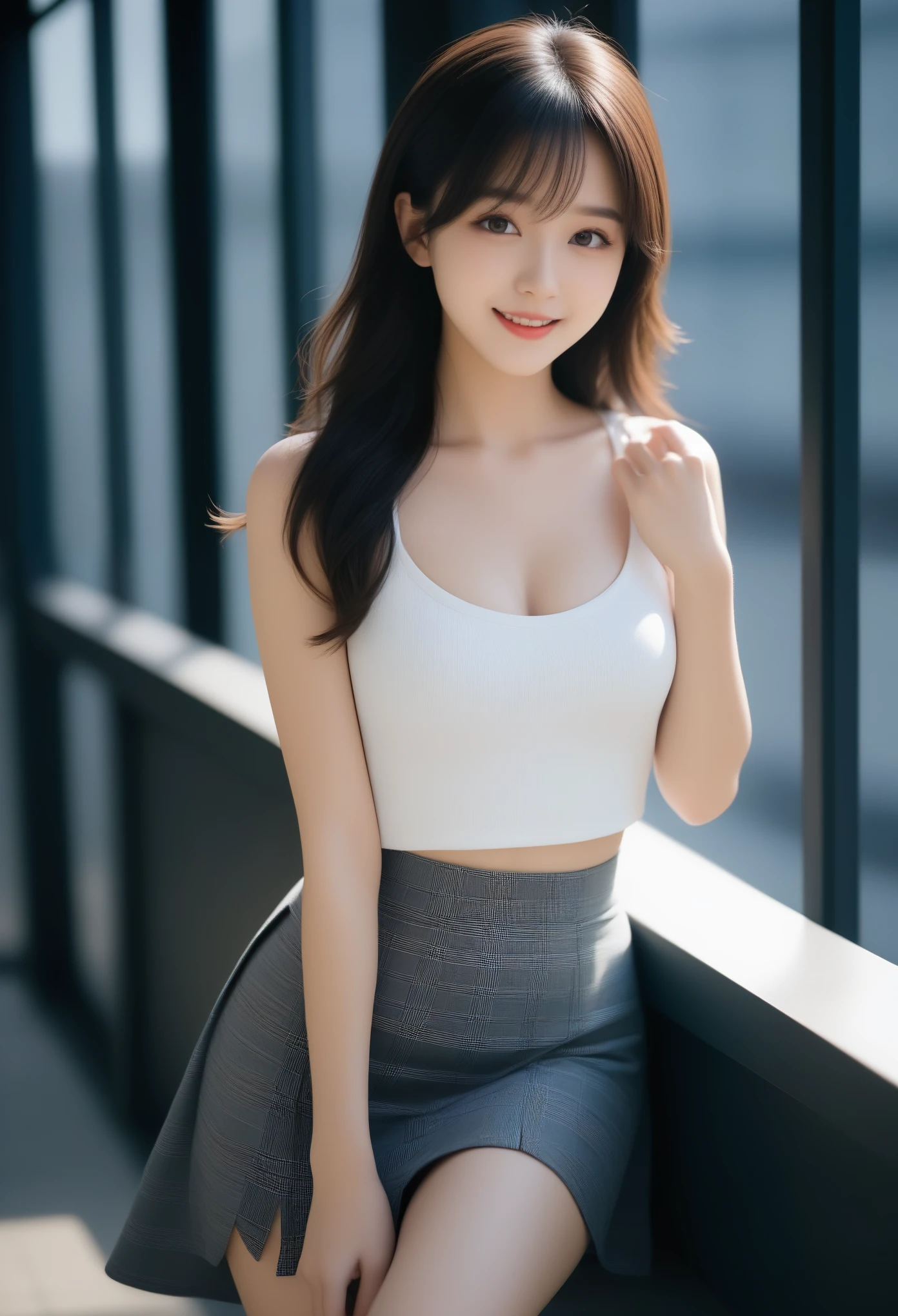 8K, Ultra-high resolution, Highest quality, masterpiece, 三分割法によるphotograph,Surreal, photograph, 1 Girl, (:1.3), pretty girl, Cute face, Beautiful eyes in every detail, 細かくdetailedに,masterpiece,, One Girl:1.2, Japan Female Announcer,whole body,((very small head:1.3)),Center-parted bangs,amount,Black Hair,Long Hair,Iris,Gorgeous eyes,smile,((Toned body,Slender body,skinny)),(Sports bra、Bra Top,Grey plaid pleated mini skirt),Beautiful leg line beauty,Captivating thighs,Glowing Skin,Shiny skin,Climbing the stairs,Fire escape in a building,Full of sex appeal,Sensual,屈託のないsmile,Heal the heart,Low - Angle、Looking up from directly below,beauty,Long neck、Laugh a little、Please close your mouth and laugh、(((Ideal body type))),A cup small breasts :2,、Portraiture:2、Perfect Anatomy、鮮明なdetailed、detailed、Surreal、Light and shadow,Strong light
