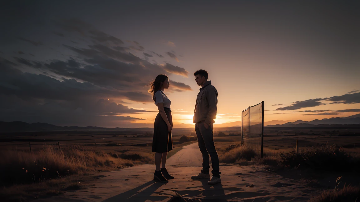 A melancholic yet romantic scene that captures the essence of forbidden love. A woman standing in the foreground, looking conflicted and trapped, while a man stands in the background, gazing at her with deep, unspoken love. The setting is a twilight landscape, blending shadows and warm tones to symbolize longing and hope. The background shows a distant, shadowy figure of another man, representing the barrier between the two lovers. The overall atmosphere is dreamy and evocative, setting the tone for a story of passion, sorrow, and yearning