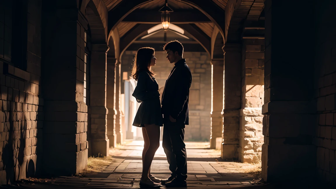A melancholic yet romantic scene that captures the essence of forbidden love. A woman standing in the foreground, looking conflicted and trapped, while a man stands in the background, gazing at her with deep, unspoken love. The setting is a twilight landscape, blending shadows and warm tones to symbolize longing and hope. The background shows a distant, shadowy figure of another man, representing the barrier between the two lovers. The overall atmosphere is dreamy and evocative, setting the tone for a story of passion, sorrow, and yearning