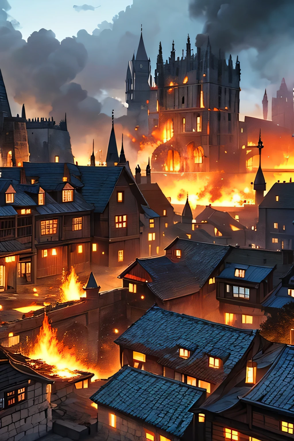 Medieval village on fire, Destruction, rubble, animation style..