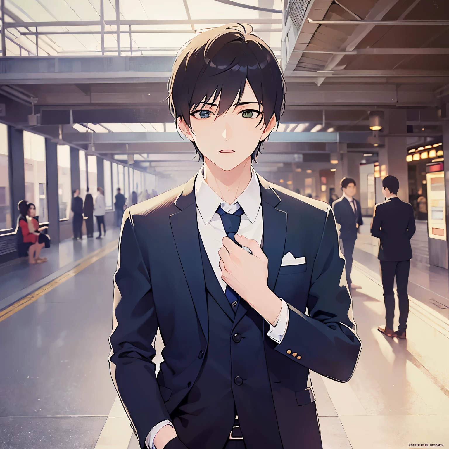 upper body、shiny skin、masterpiece、Highest quality、(25-year-old male:1.5) and (Brown short hair) and (Green Eyes), (Wearing a suit:1.3) and (Blue tie)、Are standing、(worry:1.3)、open mouth, The background is a train station platform.、(Alone:1.5)、