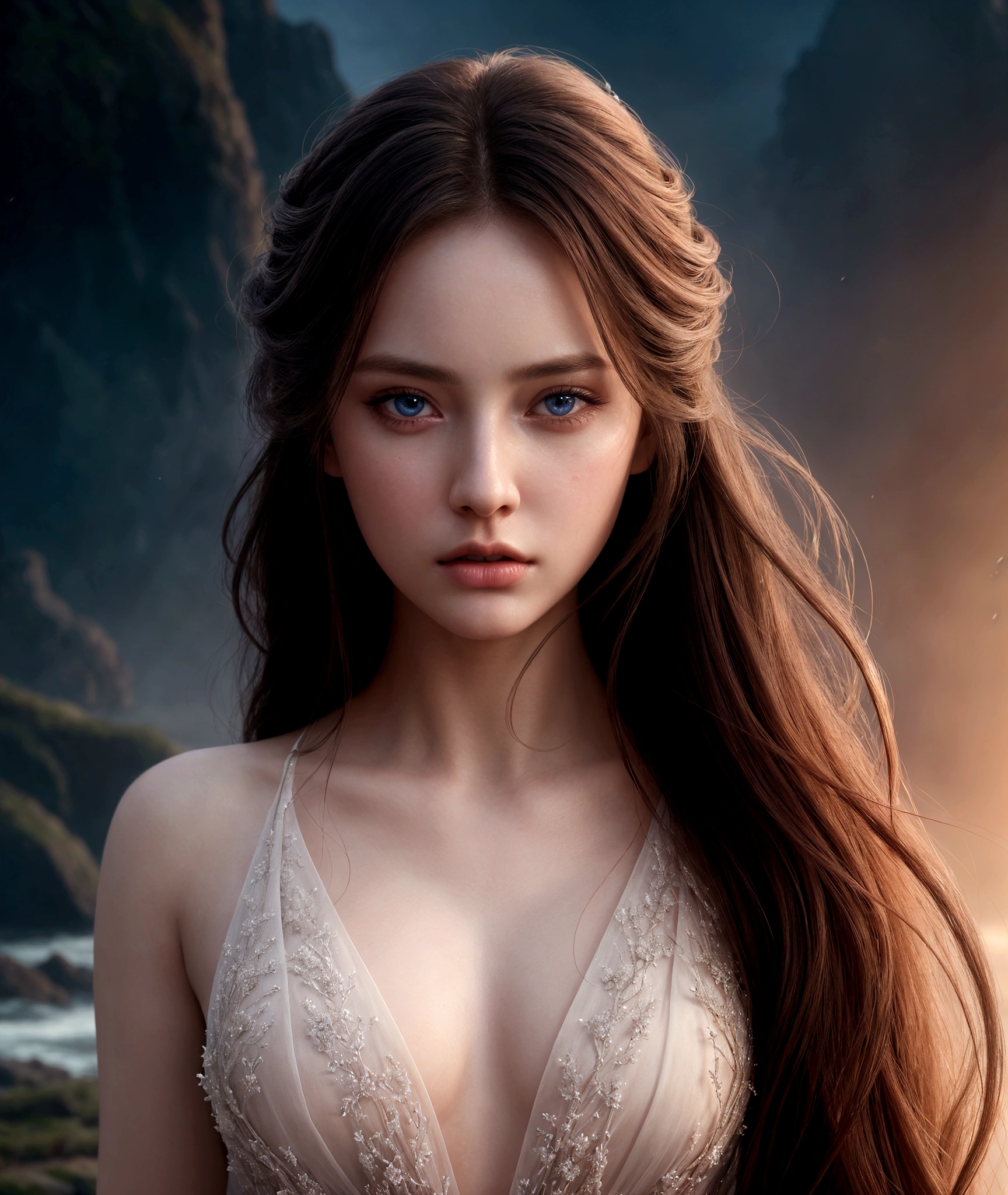 1 girl, cinematic, intricate detailed face, detailed eyes, detailed lips, porcelain skin, flowing hair, elegant dress, serene expression, dramatic lighting, cinematic atmosphere, fantasy landscape, magical realism, vivid colors, high quality, photo-realistic, 8k, back turned