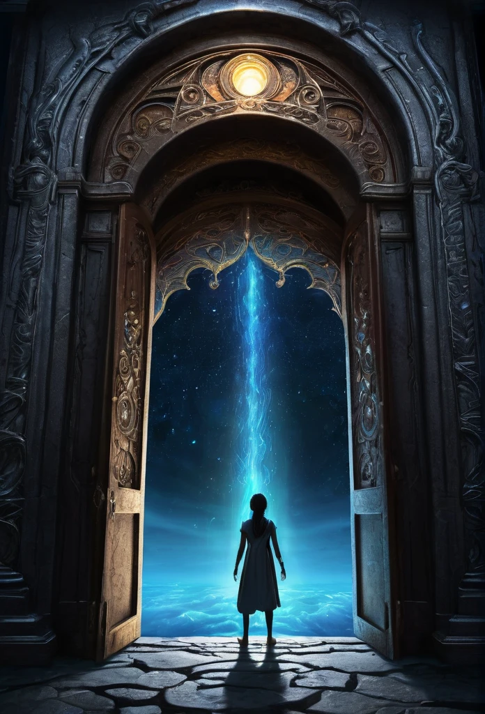a picture of a person standing in front of a door with the words open portal to the underworld at will, portal opening, open portal to another dimension, portal to another world, world seen only through a portal, portal to the ethereal realm, a portal to the depths, portals, portal to another universe, magical portal opened, looking through a portal