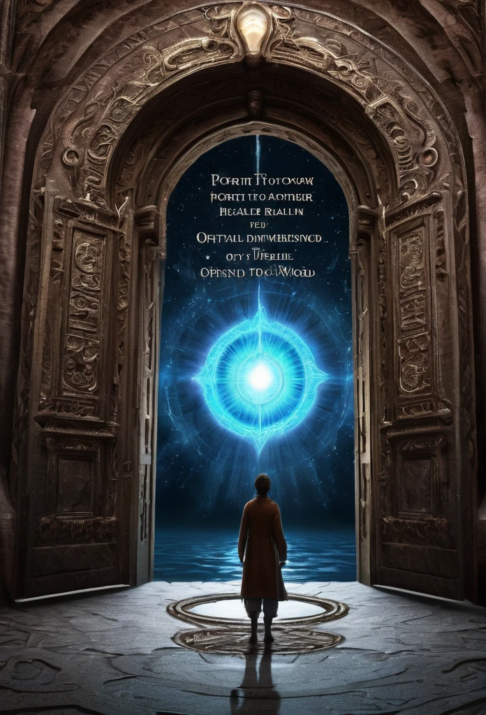 a picture of a person standing in front of a door with the words open portal to the underworld at will, portal opening, open portal to another dimension, portal to another world, world seen only through a portal, portal to the ethereal realm, a portal to the depths, portals, portal to another universe, magical portal opened, looking through a portal