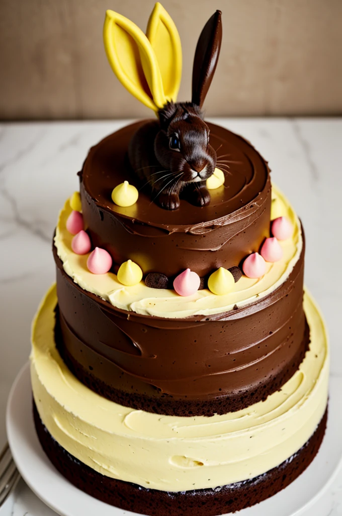 Chocolate cake with a rabbit emerging from the top and with yellow and pink details