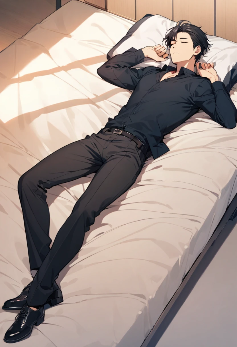 man, handsome, sleeping, lying, black hair, full body
