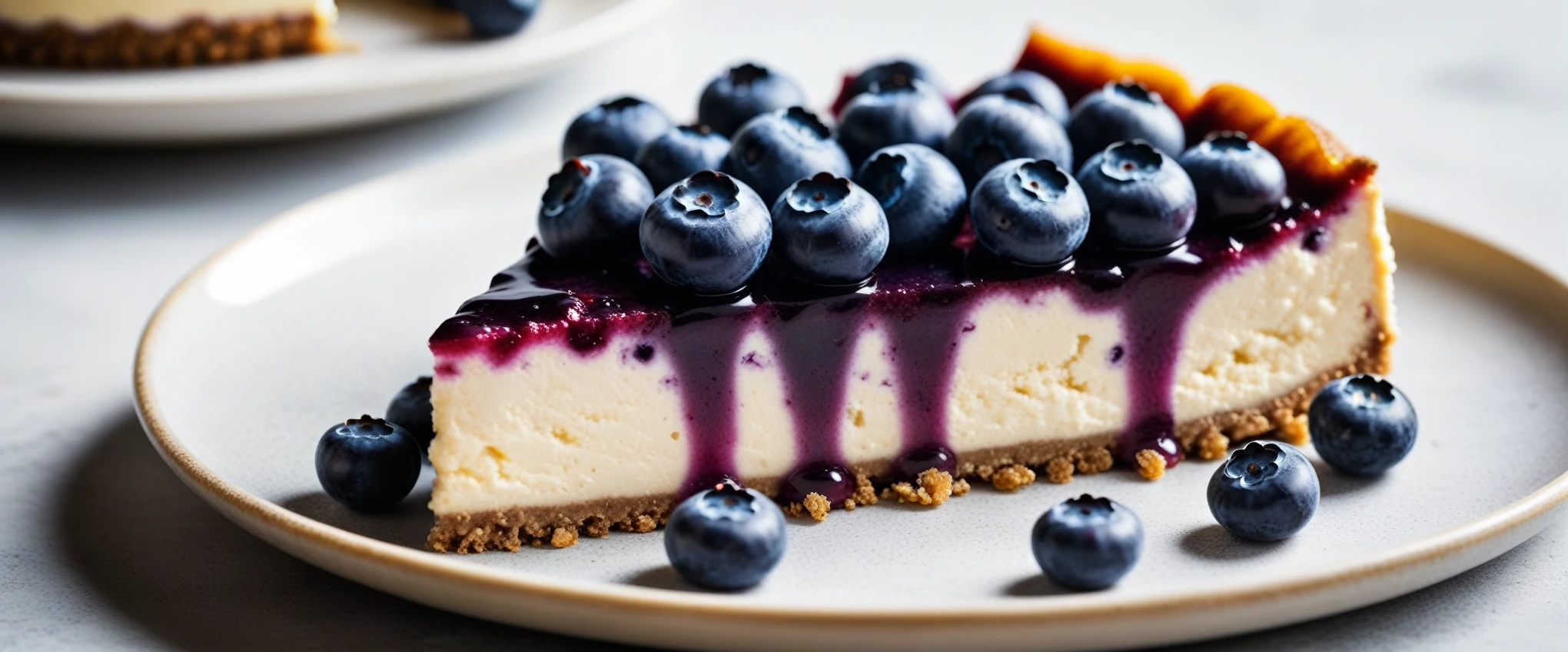 Documentary RAW Photography,a Blueberry Cheesecake, highlighting its exquisite, lacy texture and impeccable balance. The composition should evoke an irresistible urge to taste, with every detail crafted to inspire both amateur and seasoned cooks, (sharpness in detail:1.1), masterpiece, 35mm photograph, (iconic photograph:1.4), (visual storytelling:1.2), film grain, award winning photography,vibrant use of light and shadow, high quality textures of materials, volumetric textures perfect composition, dynamic play of light, rich colors, epic shot, perfectly quality, natural textures,high detail, photoshadow, (natural colors, correct white balance, color correction, dehaze),(intricate detailed), 8k