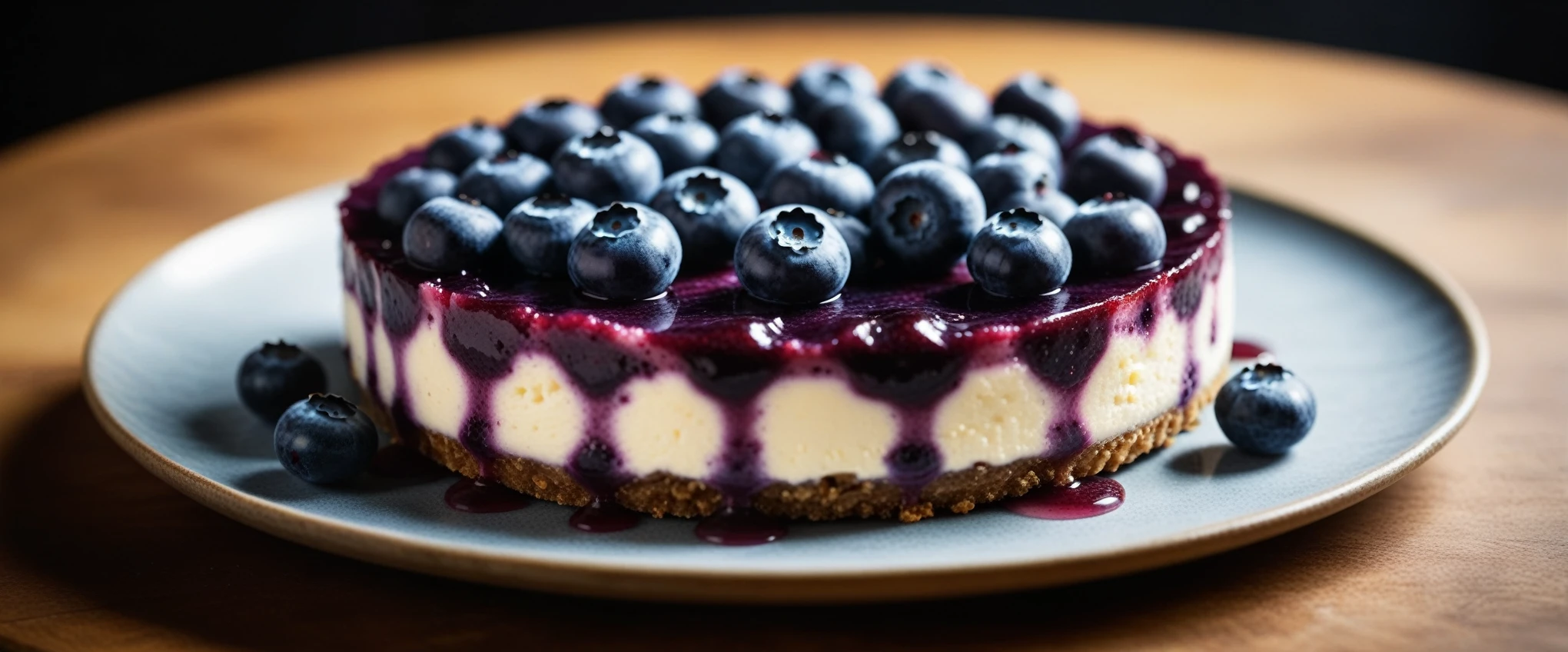 Documentary RAW Photography,a Blueberry Cheesecake, highlighting its exquisite, lacy texture and impeccable balance. The composition should evoke an irresistible urge to taste, with every detail crafted to inspire both amateur and seasoned cooks, (sharpness in detail:1.1), masterpiece, 35mm photograph, (iconic photograph:1.4), (visual storytelling:1.2), film grain, award winning photography,vibrant use of light and shadow, high quality textures of materials, volumetric textures  perfect composition, dynamic play of light, rich colors, epic shot, perfectly quality, natural textures,high detail, photoshadow, (natural colors, correct white balance, color correction, dehaze),(intricate detailed), 8k