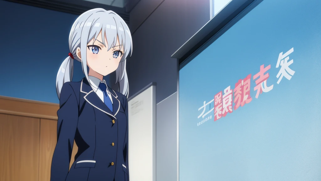 1girl, anime girl, silver hair, long twintails, silver eyes, dark blue school suit, anime movie poster
