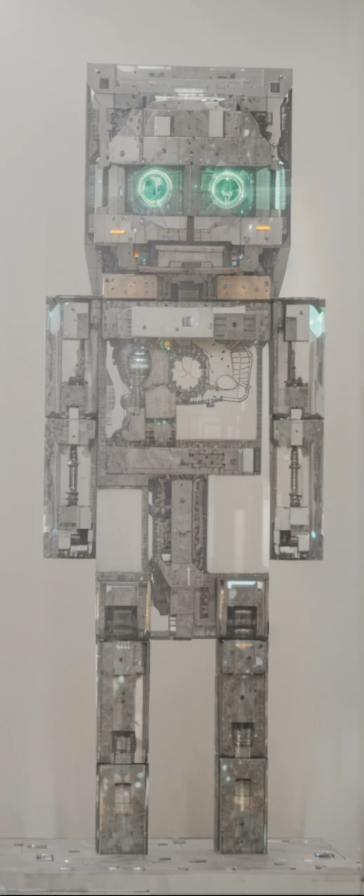 a humanoid robot, blocky stone-like exterior, green rectangular eyes, standing upright, highly detailed, mechanical, futuristic laboratory, industrial background, intricate gears, circuits visible through translucent panels, photorealistic, 8k, cinematic lighting, volumetric fog, depth of field, masterpiece