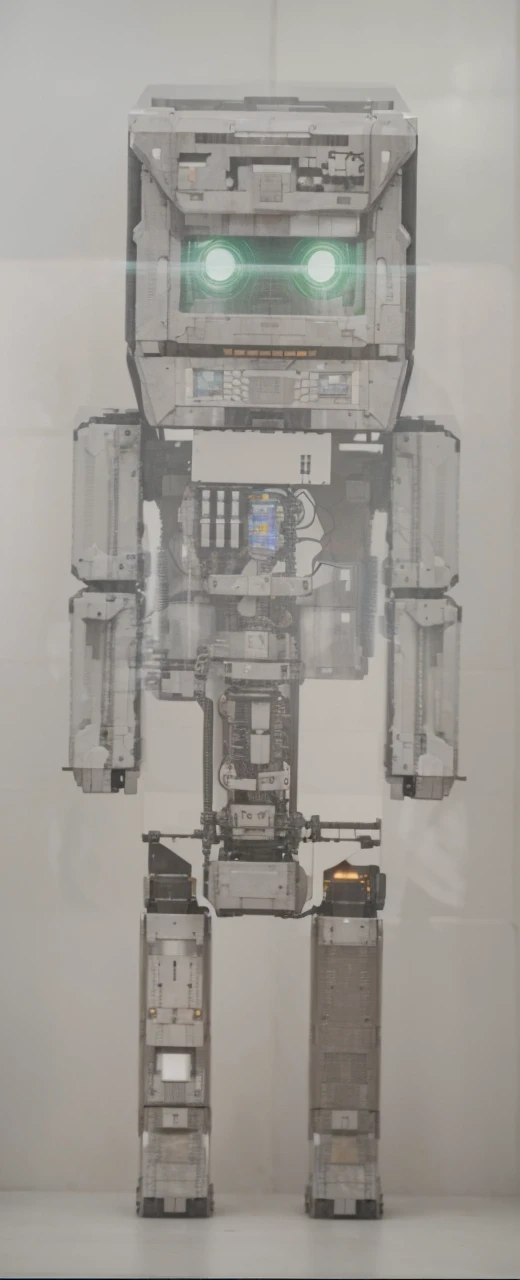 a humanoid robot, blocky stone-like exterior, green rectangular eyes, standing upright, highly detailed, mechanical, futuristic laboratory, industrial background, intricate gears, circuits visible through translucent panels, photorealistic, 8k, cinematic lighting, volumetric fog, depth of field, masterpiece