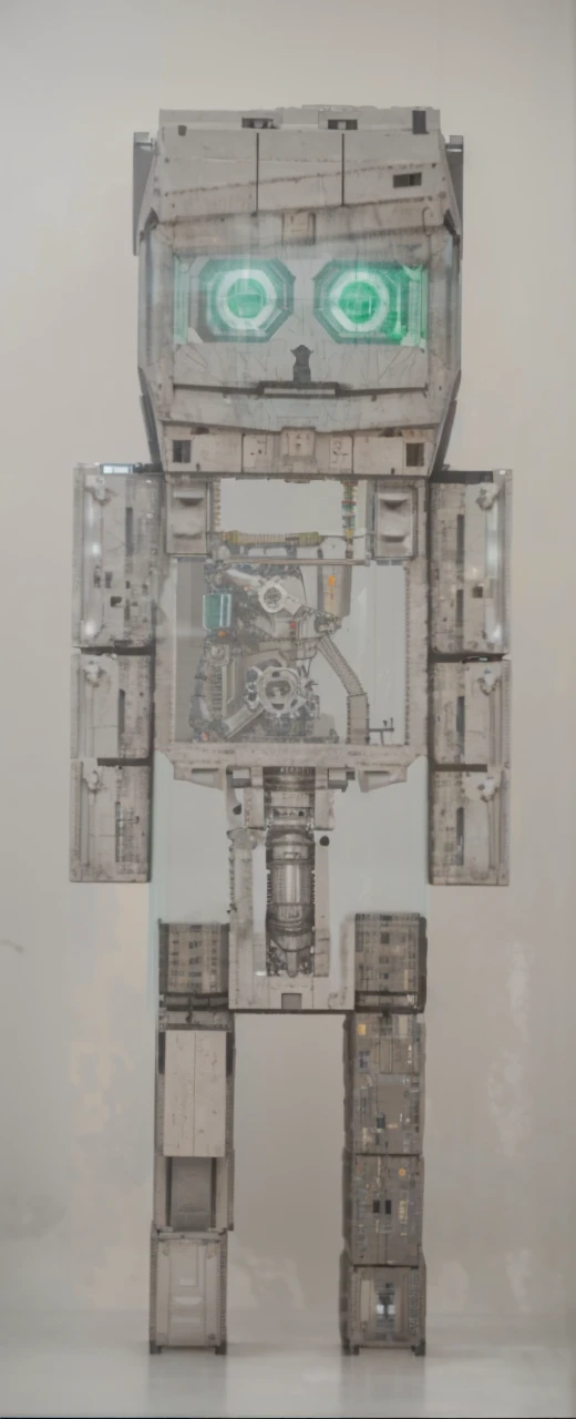 a humanoid robot, blocky stone-like exterior, green rectangular eyes, standing upright, highly detailed, mechanical, futuristic laboratory, industrial background, intricate gears, circuits visible through translucent panels, photorealistic, 8k, cinematic lighting, volumetric fog, depth of field, masterpiece