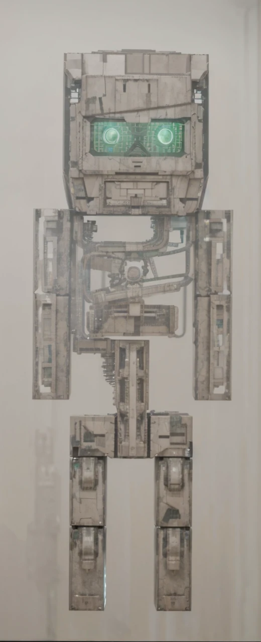 a humanoid robot, blocky stone-like exterior, green rectangular eyes, standing upright, highly detailed, mechanical, futuristic laboratory, industrial background, intricate gears, circuits visible through translucent panels, photorealistic, 8k, cinematic lighting, volumetric fog, depth of field, masterpiece