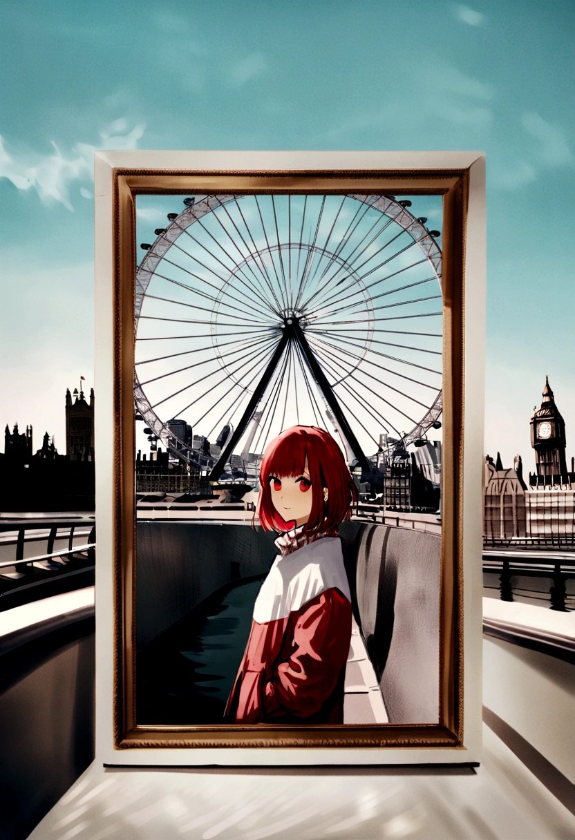 journey, in the style of rap aesthetics, girl, London, England, make for a memorable photo. The background is London Eye, a giant Ferris wheel. photo taken with fujifilm superia, charly amani, oversized portraits, babycore, upper body