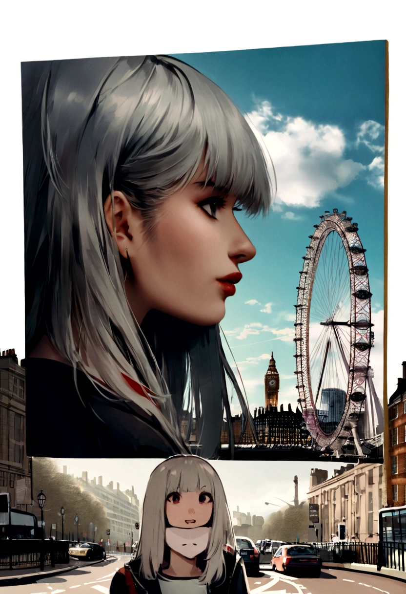journey, in the style of rap aesthetics, girl, London, England, make for a memorable photo. The background is London Eye, a giant Ferris wheel. photo taken with fujifilm superia, charly amani, oversized portraits, babycore, upper body