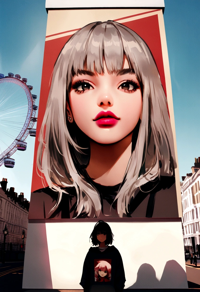 journey, in the style of rap aesthetics, girl, London, England, make for a memorable photo. The background is London Eye, a giant Ferris wheel. photo taken with fujifilm superia, charly amani, oversized portraits, babycore, upper body