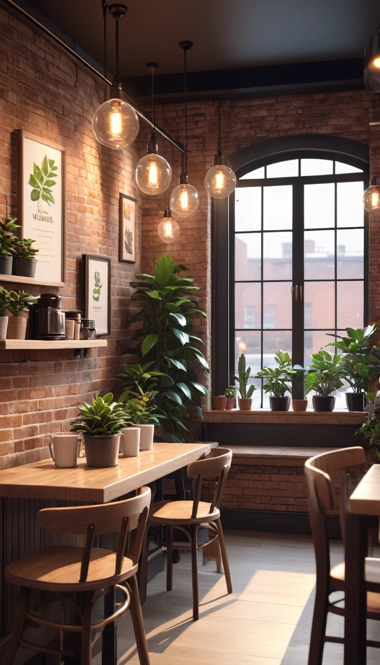 lofi coffee shop,cozy atmosphere,warm lighting,film grain,muted colors,subtle bokeh,soft textures,wooden furniture,brick walls,potted plants,string lights,large windows,realistic,photorealistic,photo-realistic:1.37,(best quality,4k,8k,highres,masterpiece:1.2),ultra-detailed,(realistic,photorealistic,photo-realistic:1.37)