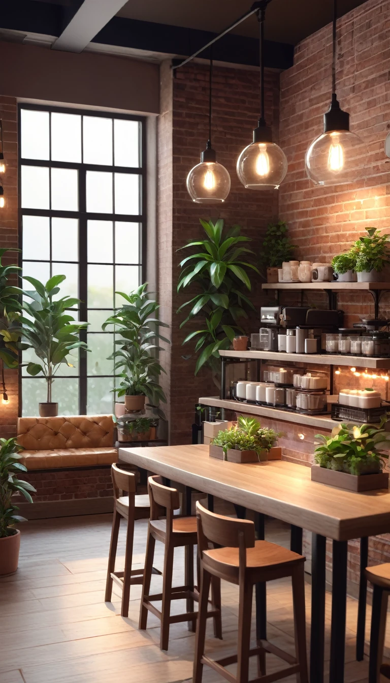 lofi coffee shop,cozy atmosphere,warm lighting,film grain,muted colors,subtle bokeh,soft textures,wooden furniture,brick walls,potted plants,string lights,large windows,realistic,photorealistic,photo-realistic:1.37,(best quality,4k,8k,highres,masterpiece:1.2),ultra-detailed,(realistic,photorealistic,photo-realistic:1.37)
