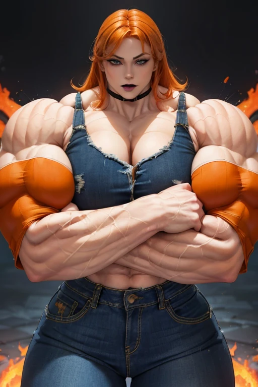 ((((Massive, beautiful, buff, pale white skinned muscular woman with orange hair, black lipstick, ginormous bulky muscles, crossed arms and wearing a denim jacket and a tight denim pants)))), (close view), massive muscles, hyper muscles, long shaggy hair, ((tight tank top)), tight tank top, green eyes, choker, (((denim jacket))), (denim gloves), high heel boots, orange colored flames, (orange fire background), closed smile, night, ginormous arms