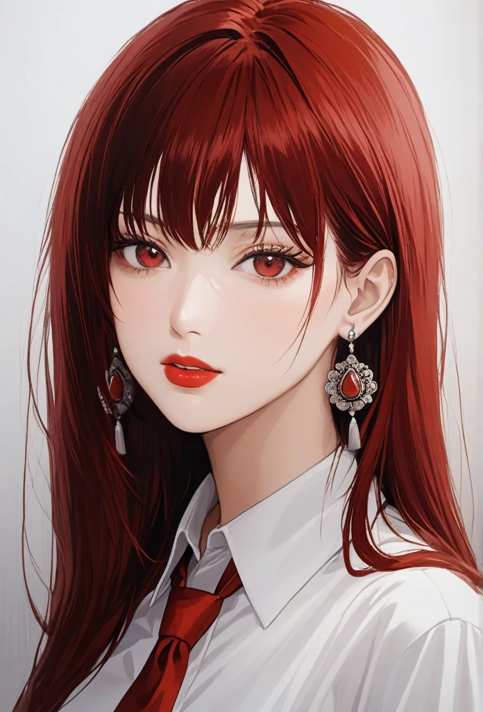 (masterpiece, best quality: 1.2), yoru\(chainsaw man\),(very detailed face, real image, realistic skin, realistic body, intricate details), (solo, upper body) red lipstick
serious, looking at the viewer, red eyes, , pinaforee dress, shirt, neck ribbon, close-up,jhumka earrings,big jhumka earrings ,long jhumka earrings