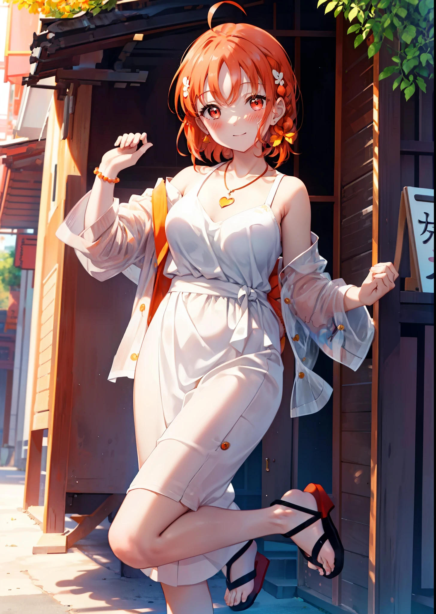 chika　takami,Orange Hair,Ahoge,Red eyes,smile,blush,Orange off-shoulder dress,Bare shoulders,bare clavicle,Bare neck,Heart-shaped necklace,Long skirt,Cute heeled sandals,Walking,Daytime,Clear skies,whole bodyがイラストに入るように break outdoors, Building district, break looking at viewer, whole body, break (masterpiece:1.2), Highest quality, High resolution, unity 8k wallpaper, (figure:0.8), (Beautiful attention to detail:1.6), Highly detailed face, Perfect lighting, Highly detailed CG, (Perfect hands, Perfect Anatomy),