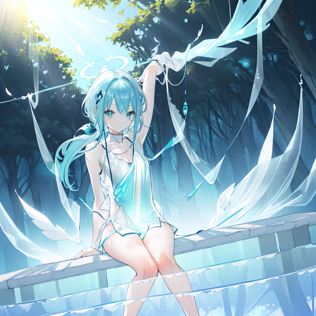 (((A medium view)) of an anime teen girl, (sitting down in a (forest), (((strong sunlight))), cinematic light, slim body, skin is perfectly white, soft, and smooth, blue and cyan haired((legs stretched straight)), Extremely delicate and beautiful CG illustration, best quality, high resolution, dynamic angle, full-length lens, (1 girl), floating, soft light, high-key lighting), glowing light, cyan halo, feathers fluttering background, blue crystal, (((wearing nothing but a cyan (pure) (transparent) tank top))), ((very cinematic))blue and cyan tones