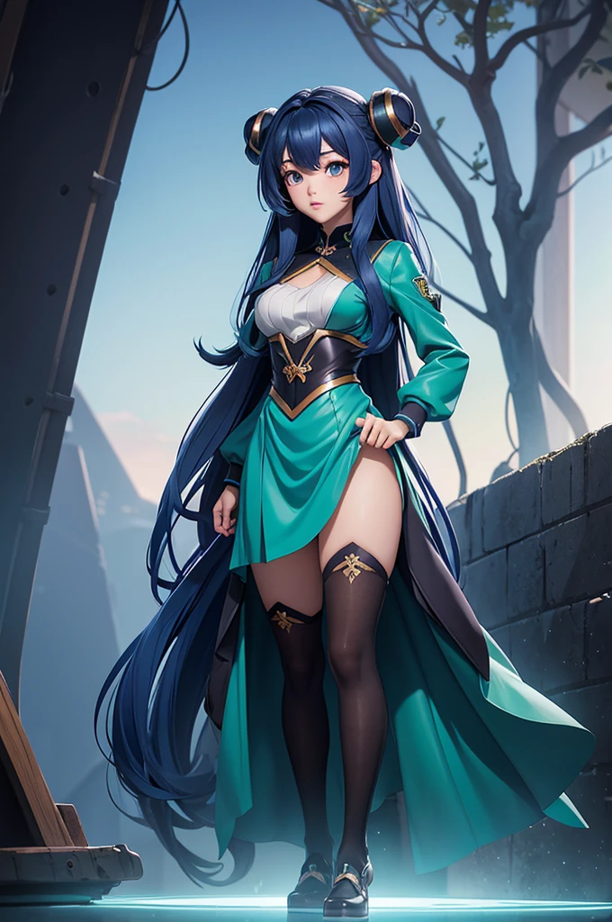 Her hair is a gradation of dark blue and dark green。、Anime Style、Fantasy、Wear low-exposure clothing、Bust 86cm、height: 172cm、Weight 51 kg、Full body painting、Generate from the top of the head to the soles of the feet、Knee socks