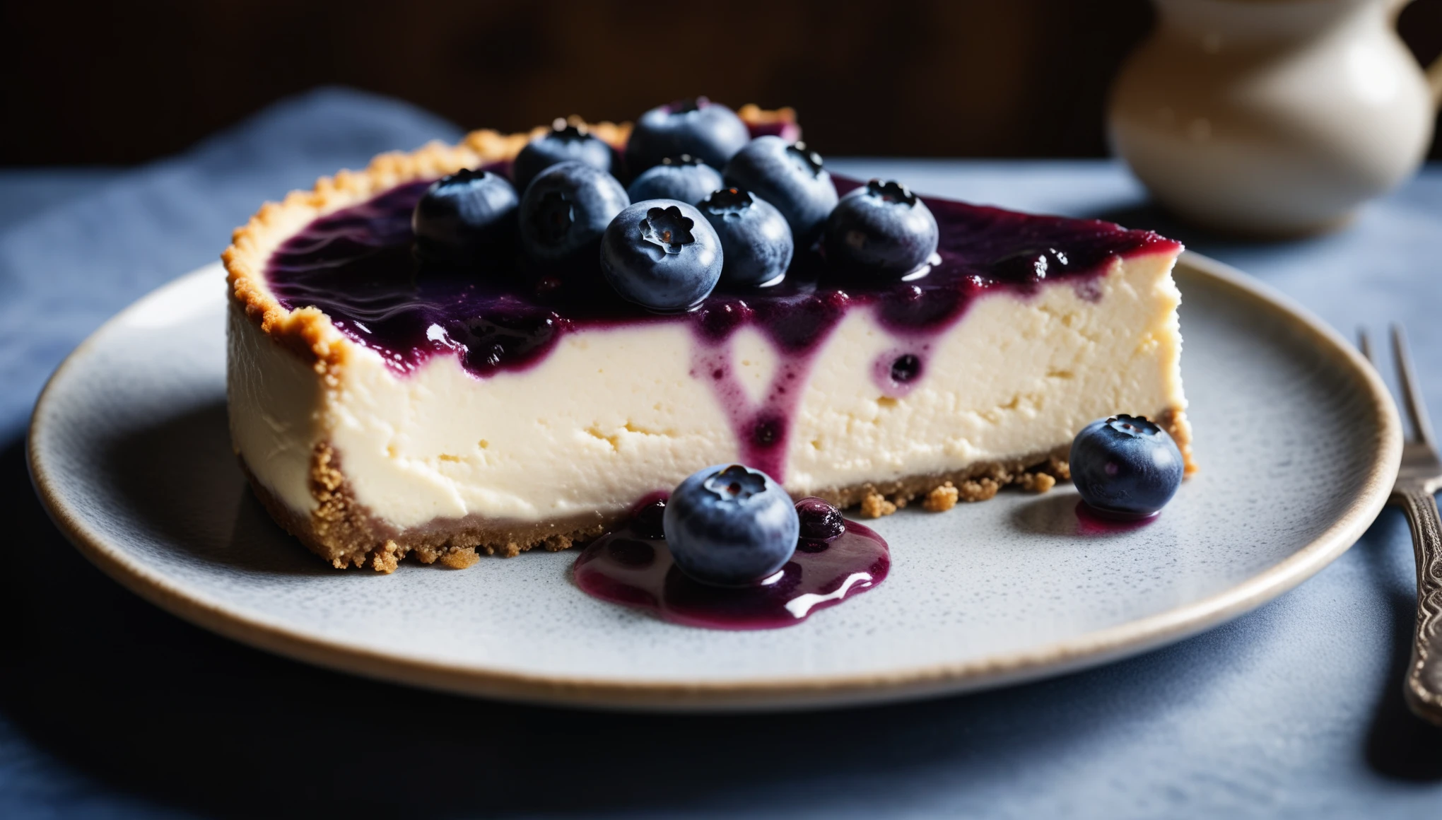 Documentary RAW Photography,a Blueberry Cheesecake, highlighting its exquisite, lacy texture and impeccable balance. The composition should evoke an irresistible urge to taste, with every detail crafted to inspire both amateur and seasoned cooks, (sharpness in detail:1.1), masterpiece, 35mm photograph, (iconic photograph:1.4), (visual storytelling:1.2), film grain, award winning photography,vibrant use of light and shadow, high quality textures of materials, volumetric textures perfect composition, dynamic play of light, rich colors, epic shot, perfectly quality, natural textures,high detail, photoshadow, (natural colors, correct white balance, color correction, dehaze),(intricate detailed), 8k