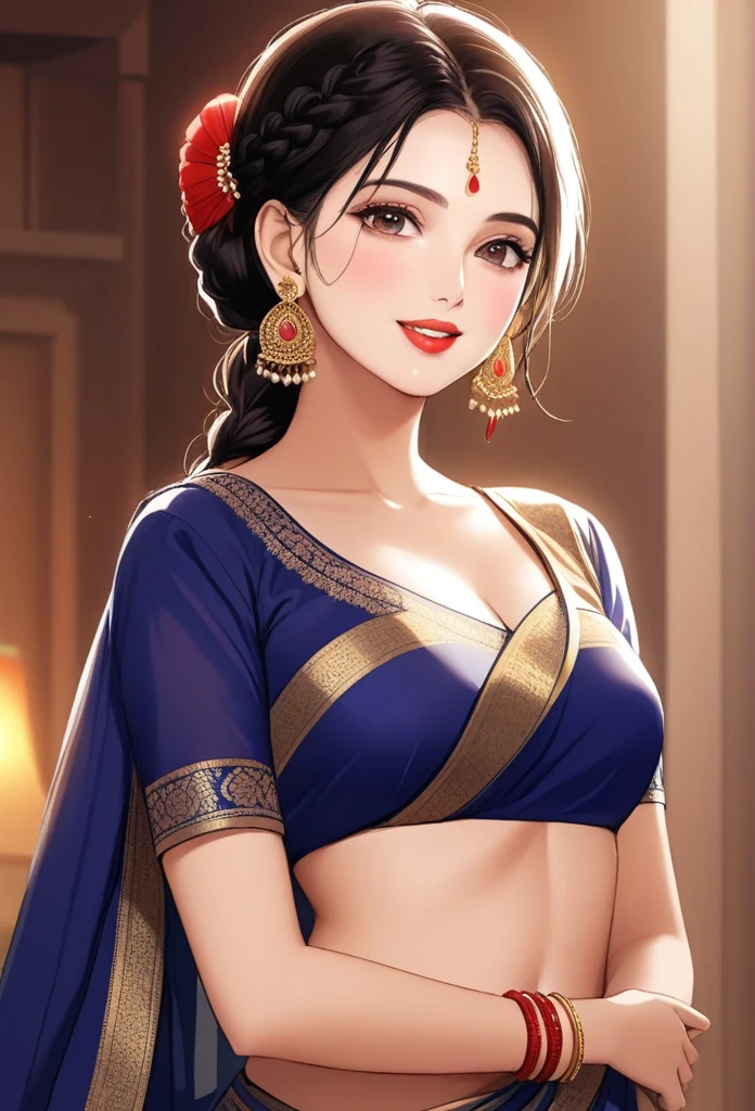 ((1woman, mature,single hair braid,saree, big long  jhumka earrings , detailed alluring eyes, smooth detailed lips, beautiful face, smiling ,red lipstick ,navel,bangles,blue ribbon,