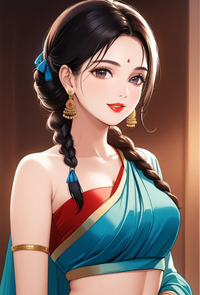 ((1woman, mature,single hair braid,saree, big long jhumka earrings , detailed alluring eyes, smooth detailed lips, beautiful face, smiling ,red lipstick ,navel,bangles,blue ribbon,