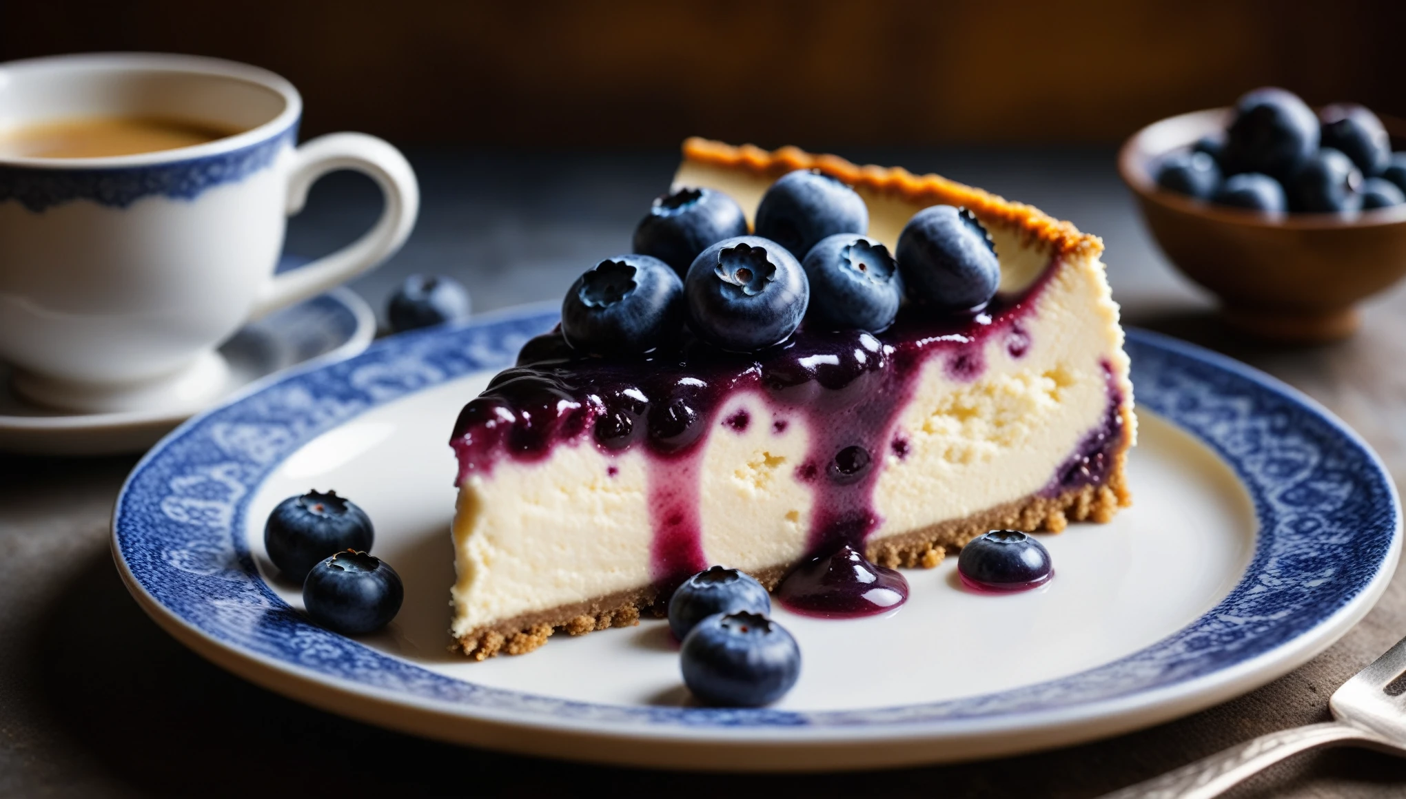 Documentary RAW Photography,a Blueberry Cheesecake, highlighting its exquisite, lacy texture and impeccable balance. The composition should evoke an irresistible urge to taste, with every detail crafted to inspire both amateur and seasoned cooks, (sharpness in detail:1.1), masterpiece, 35mm photograph, (iconic photograph:1.4), (visual storytelling:1.2), film grain, award winning photography,vibrant use of light and shadow, high quality textures of materials, volumetric textures  perfect composition, dynamic play of light, rich colors, epic shot, perfectly quality, natural textures,high detail, photoshadow, (natural colors, correct white balance, color correction, dehaze),(intricate detailed), 8k
