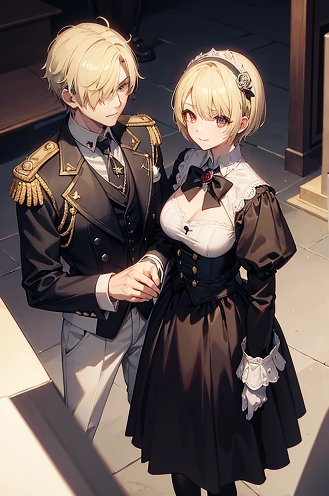 1 person, mature, (((Butler))), count, viscount, Victorian era,(Barrette)、(((Hair on one eye)))、(((Blonde short hair))),(Red eyeedium Breast),smile、 suit, coat,  White gloves, Gold and red design, Black Shirt, No background, Absurd, High resolution, Super sharp, 8K, masterpiece, View your viewers, Are standing, No background, No background, White Background