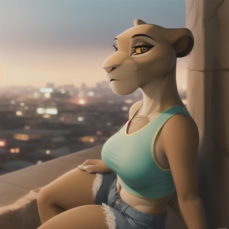 sarabi, furry female anthro, lion girl, portrait, close-up, fur trim, solo, (body fur:1.2), (best quality), (detailed urban background:1.2), dramatic lighting, (detailed fluffy fur:1.1), three-quarter view, big breasts, pink crop top, jean shorts, bedroom eyes, looking at viewer