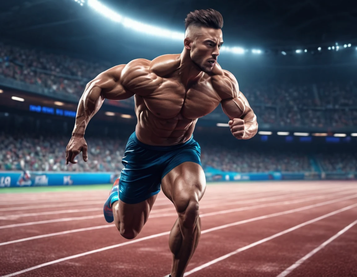a muscular male athlete, detailed musculature, athletic pose, running action, sports stadium, dynamic lighting, cinematic style, vibrant colors, hyper realistic, 8K, HDR, physically-based rendering, ultra-detailed