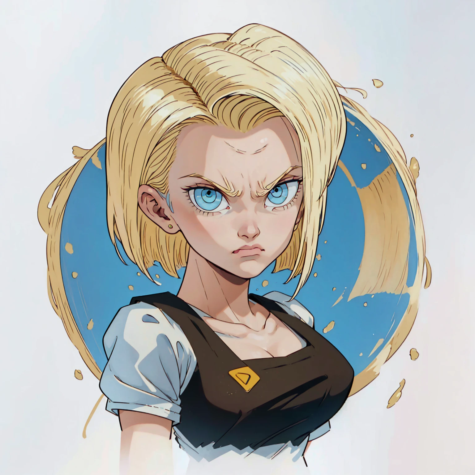 ((1girl,  android 18 , blonde hair, short hair, blue eyes, 1girl, white background, blonde hair, angry face)), looking at the viewer, closed mouth