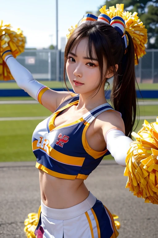 8K RAW Photos、Beautiful woman:2.0、24-years-old、Japanese、cute、Cleavage、((Cheerleader:1.5))、Brownish black hair, Iris, Fair skin, Face like goose eggs, Attractive facial features