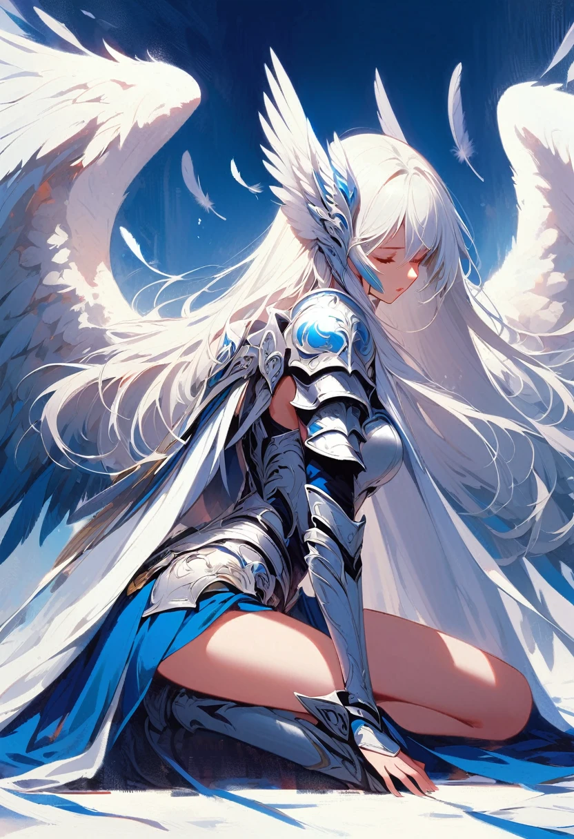 1girl angel angel_wings armor feathers_Long wing feathers_Hair Shoulder Armor Shoulder_Armor single piece_Upper wing separation_The body is white_Theme blue_Wings Wings