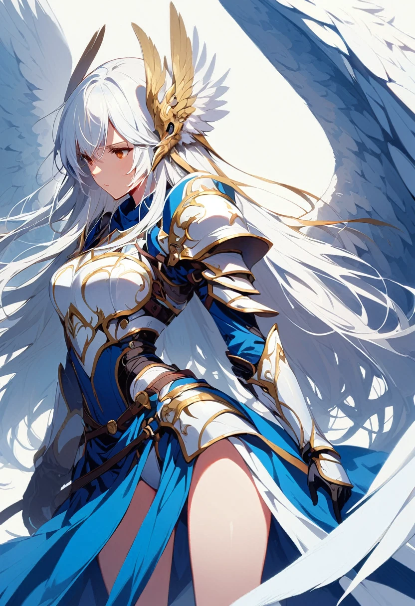 1girl angel angel_wings armor feathers_Long wing feathers_Hair Shoulder Armor Shoulder_Armor single piece_Upper wing separation_The body is white_Theme blue_Wings Wings