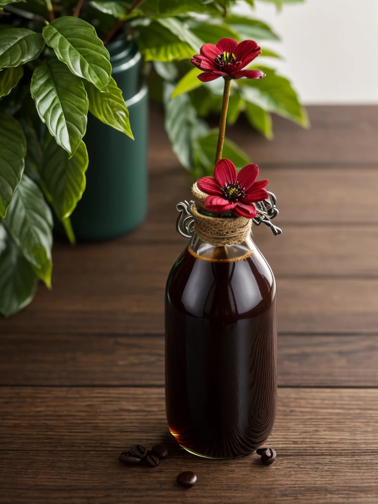 Create an ultra-detailed, best quality, high-resolution masterpiece of coffee bottle,brand name varison, black cap, body,clear look of coffee bottle,red flower on bottle,all ingredient of coffee writen in point at Connor side, put on cherry wood table, background full of leaf and wigth flower 