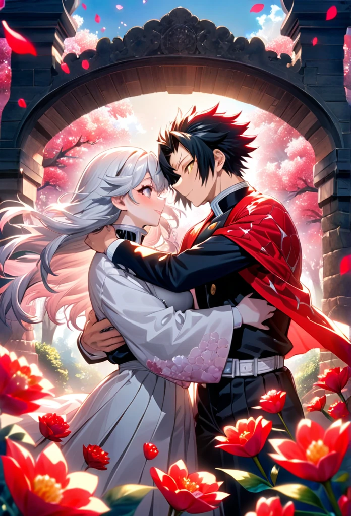 Ultra detailed, highres, absurdres, HDR, master piece, anime girl and boy, pretty woman with white long hair with deep red streaks, girl with yellow eyes, the girl is using a red haori, black demon slayer uniform, Kimetsu No Yaiba, fantasy, petals, red flowers, pretty, Sanemi Shinazugawa, Wind Hashira, Sanemi Shinazugawa huging, Shinazugawa scars and uniform open on the chest, Shinazugawa have white hair, romance, magic, sun, daylight, florest, best quality, extremely detailed face, love, passion, romance, anime, they are realy in love, love hug, couple, male and female