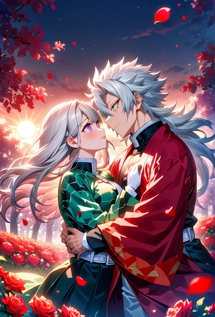 Ultra detailed, highres, absurdres, HDR, master piece, anime girl and boy, pretty woman with white long hair with deep red streaks, girl with yellow eyes, the girl is using a red haori, black demon slayer uniform, Kimetsu No Yaiba, fantasy, petals, red flowers, pretty, Sanemi Shinazugawa, Wind Hashira, Sanemi Shinazugawa huging, Shinazugawa scars and uniform open on the chest, Shinazugawa have white hair, romance, magic, sun, daylight, florest, best quality, extremely detailed face, love, passion, romance, anime, they are realy in love, love hug, couple, male and female