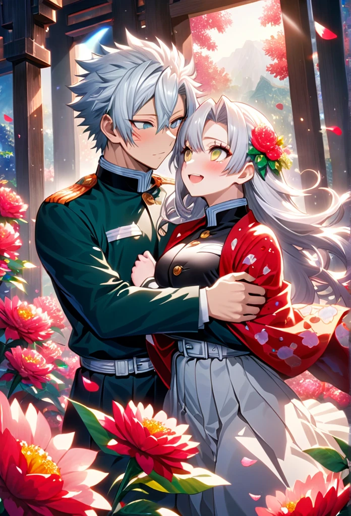 Ultra detailed, highres, absurdres, HDR, master piece, anime girl and boy, pretty woman with white long hair with deep red streaks, girl with yellow eyes, the girl is using a red haori, black demon slayer uniform, Kimetsu No Yaiba, fantasy, petals, red flowers, pretty, Sanemi Shinazugawa, Wind Hashira, Sanemi Shinazugawa huging, Shinazugawa scars and uniform open on the chest, Shinazugawa have white hair, romance, magic, sun, daylight, florest, best quality, extremely detailed face, love, passion, romance, anime, they are realy in love, love hug, couple, male and female