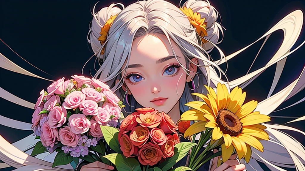 (ultra-Detailed Background, Detailed Background), Absurd, High resolution, Super detailed, Very detailed, One girl, (bouquet:1.3), (Tangled:1.2), (Geometric:1.2),(colorful),