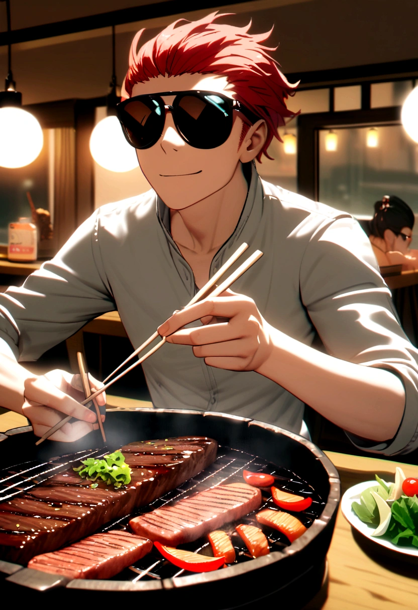 Red hair, 1 boy, fps game, yakiniku, chopsticks, sunglasses