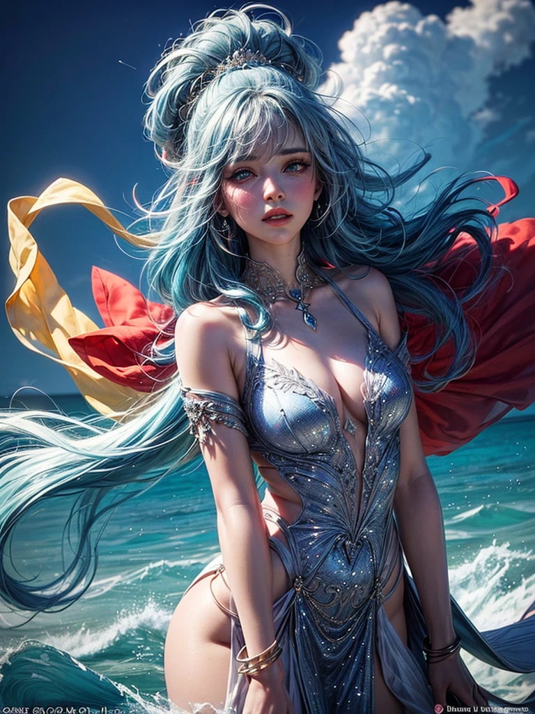 (a venus wearing a see-through silk toga:1.2),in the ocean, waves, water diamond jewelry, floating colorful sparkles, wind blowing through, flowing hair, blue tone:1.1), ((shiny light blue skin with scales)), ultra-detailed face, detailed turquoise eyes, ((blue hair)) , lustrous lips , (upper body: 1.3),skinny physique, beautiful figure, elegant, vivid colors ,(official art, unity 8k wallpaper, ultra detailed, beautiful and aesthetic, masterpiece ,best quality, photorealistic:1.3), young looking, blushing