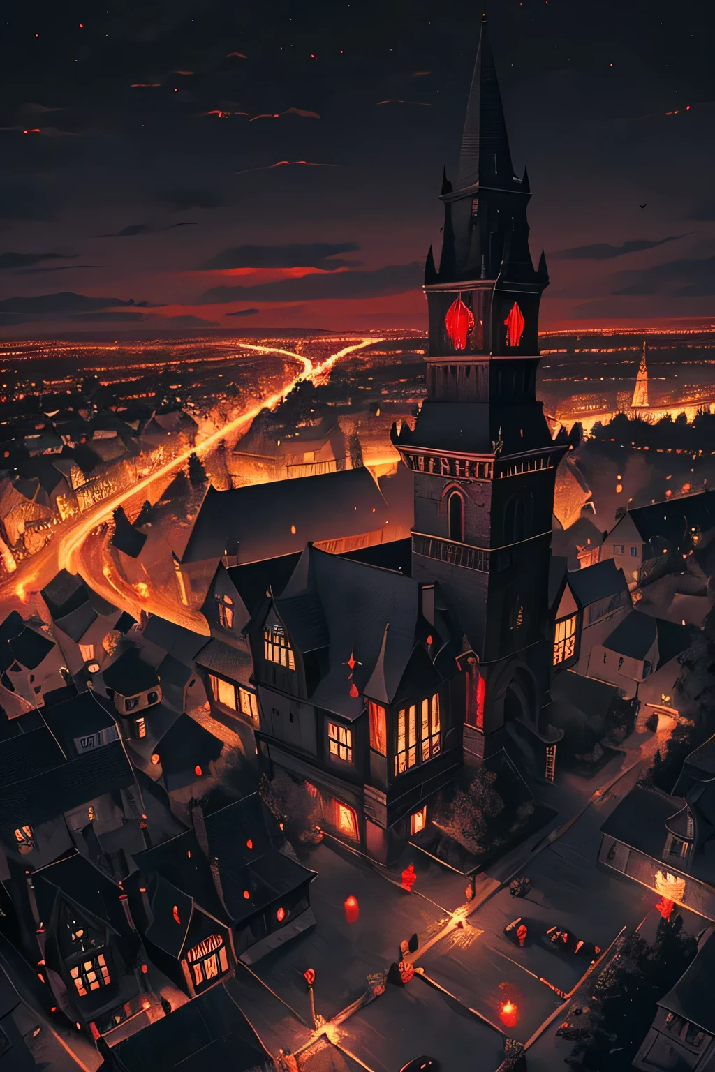 old European village shot with bird view, (Red glowing eyes), masterpiece, Depth of written boundary, Lutz, Gwaites style artwork, Gothic aesthetics, Dark Vampire village, ((in the dark gothic style cathle:1)), ((dark mid-night time:1.5)),