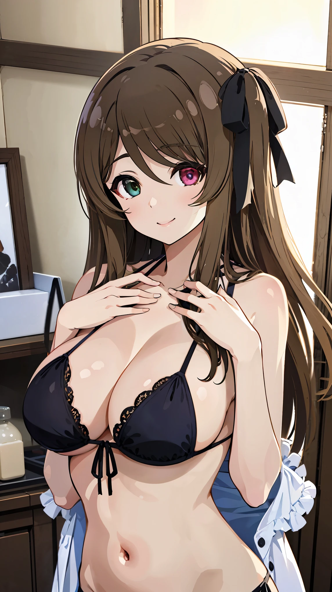 High resolution,masterpiece, Highest quality, Kuo Shenlin , heterochromia , Brown hair, smiling , (((busty))), 1girl, sensual body, Her cheeks flushed, Gravure photography , sexy bikini model, pink bikini , micro bikini