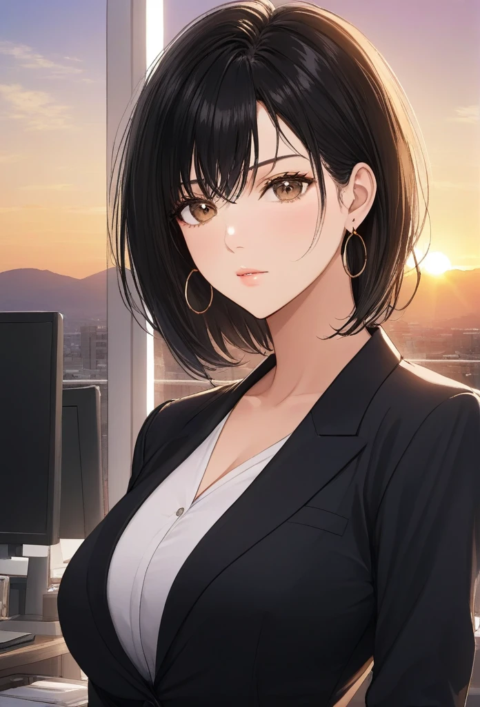 masterpiece, best quality, sunset, cowboy shot, mature woman, bob hairstyle, black hair, mature face, hot face, sharp eyes, medium breasts, curvy body, hazel eyes, business clothes, looking at viewer, very close to viewer, face to face, tough appearance, in the office
((looking serious), oversized big hoops earrings